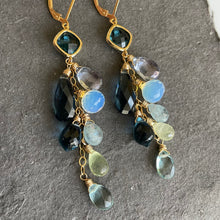 Load image into Gallery viewer, London Blue Quartz, Aquamarine, Opalite, Prehnite Cascade Cluster Earrings