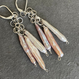 Japanese Biwa Freshwater Pearl Dangle Earrings, OOAK
