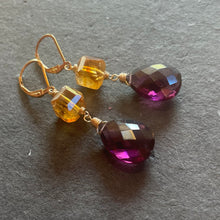 Load image into Gallery viewer, Natural Citrine and Plum Quartz Dangles