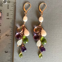 Load image into Gallery viewer, Pink Opal, Mystic Quartz, Amethyst, Peridot, Pearl and Quartz Cascade Cluster Earrings, metal and earwire options