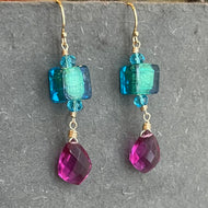 Vivid Teal and Magenta Golden Murano Glass Dangle Earrings