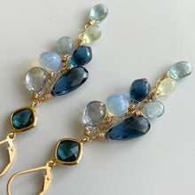Load image into Gallery viewer, London Blue Quartz, Aquamarine, Opalite, Prehnite Cascade Cluster Earrings