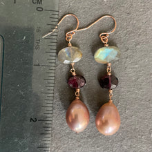 Load image into Gallery viewer, Edison Pearl, Labradorite and Rhodolite Dangles, 14k rose gold filled earrings,OOAK