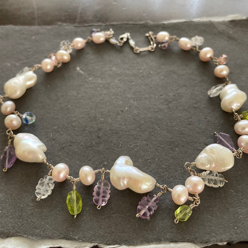 Vintage Estate Baroque Pearl Necklace, Amethyst, Peridot Carved Leaves