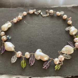 Vintage Estate Baroque Pearl Necklace, Amethyst, Peridot Carved Leaves