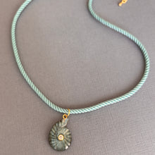 Load image into Gallery viewer, Labradorite and Cubic Zirconia carved Ammonite Necklace, Light Teal Cord