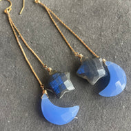 Moon and Star Tassel Earrings, Chalcedony and Labradorite