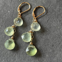 Load image into Gallery viewer, Prehnite trio cascade gold earrings, leverback, OOAK
