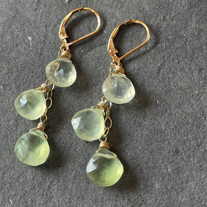 Prehnite trio cascade gold earrings, leverback, OOAK