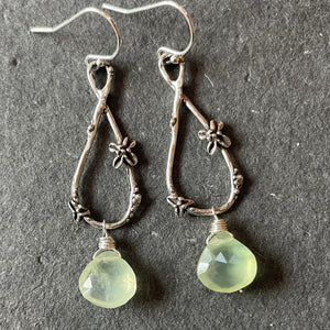 Prehnite single drop artisan flower earrings, OOAK