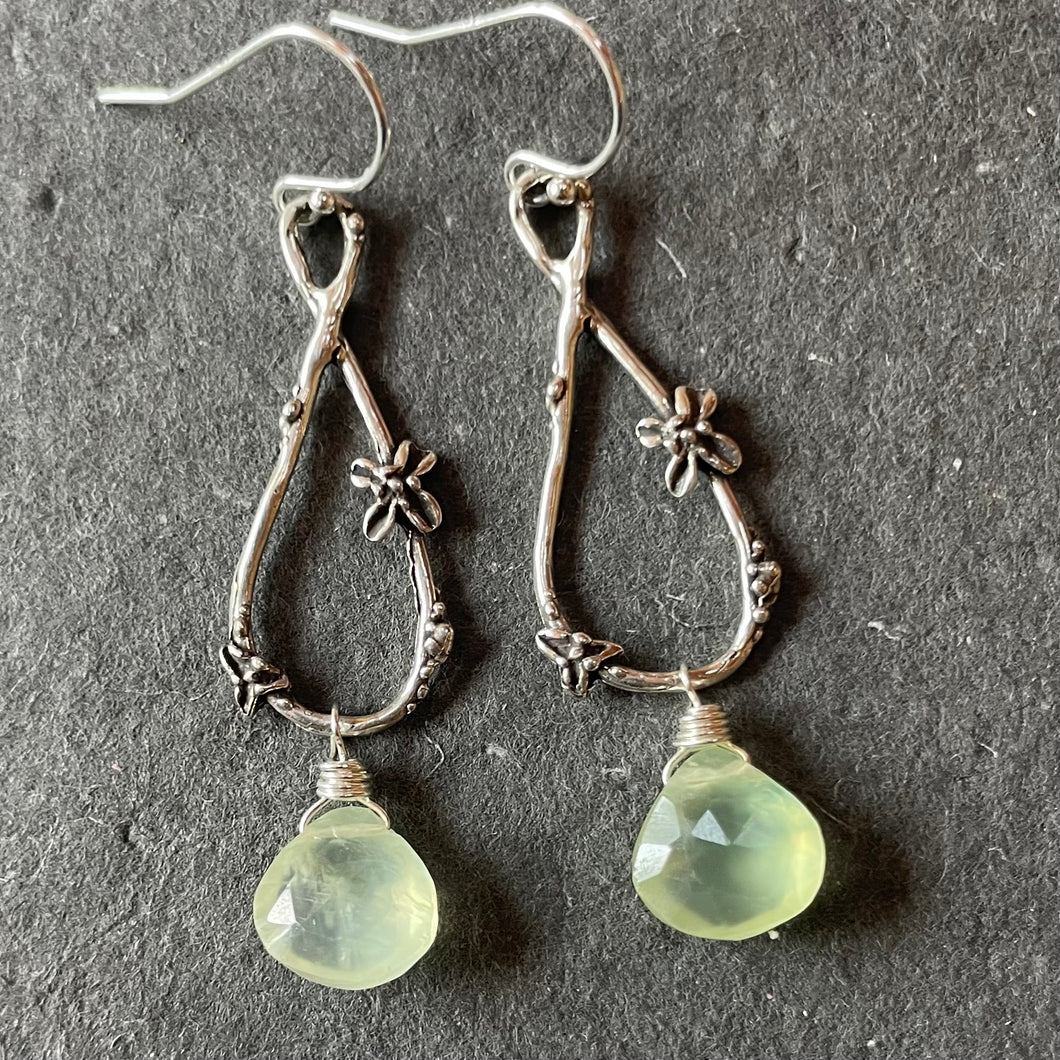 Prehnite single drop artisan flower earrings, OOAK