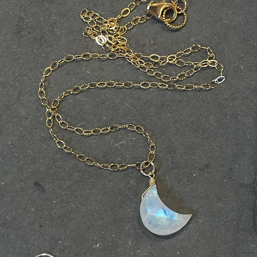 Rainbow Moonstone Carved Moon Necklace