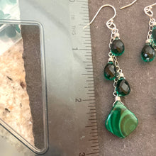 Load image into Gallery viewer, Emerald Green Malachite and Quartz Trio Cascade Earrings, OOAK