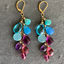 Load image into Gallery viewer, Kingman Turquoise, Chalcedony, Amethyst and Quartz Cascade Cluster Earrings, metal and earwire options