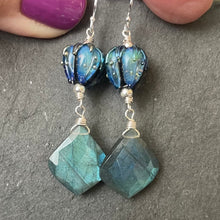 Load image into Gallery viewer, Labradorite and Lampwork Glass Earrings, OOAK