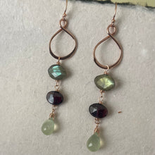 Load image into Gallery viewer, Rose Gold Infinity Hoops, Labradorite, Garnet and Prehnite Gemstones, OOAK