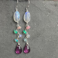 Rainbow Moonstone and a Pink to Emerald Green and Opal Dangle Earrings, OOAK