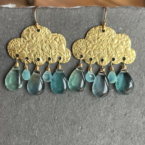 Fluorite and Chalcedony Raincloud Earrings, OOAK