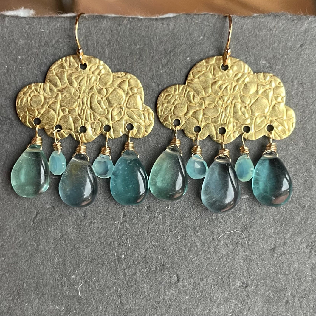 Fluorite and Chalcedony Raincloud Earrings, OOAK