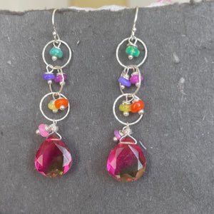 Color Lover Sapphire Pink to Peridot Green Doublet and Opal Dangle Earrings