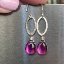 Load image into Gallery viewer, Magenta Quartz Oval Hoop Dangle Earrings