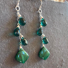 Load image into Gallery viewer, Emerald Green Malachite and Quartz Trio Cascade Earrings, OOAK
