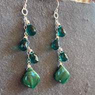 Emerald Green Malachite and Quartz Trio Cascade Earrings, OOAK