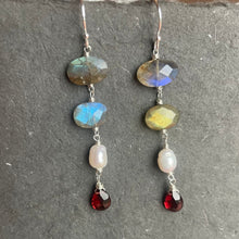 Load image into Gallery viewer, Shimmery Season Labradorite, Pearl and Garnet Dangles, OOAK