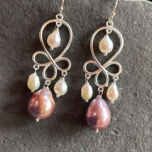 Baroque Pearl Vine Chandelier Earrings, Mauve, OOAK