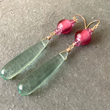 Load image into Gallery viewer, Cranberry and Aquamarine Elongated Teardrop Dangle Earrings, 14k Rose Gold Filled, #2