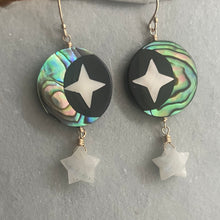 Load image into Gallery viewer, Mother of Pearl Moon and Stars Earrings, Rainbow Moonstone Star OOAK