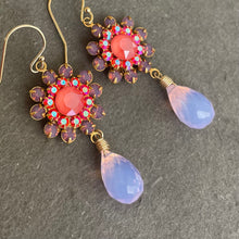 Load image into Gallery viewer, Lavender Opal, Coral Pink and Lavender Quartz Floral Teardrop Earrings