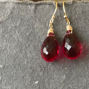 Ruby Red-Pink 13mm Teardrop Dangle Earrings