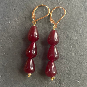 Garnet Red Jade Straight Dangle Trio Earrings