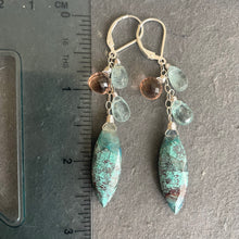 Load image into Gallery viewer, Chrysocolla, apatite, and peach chandelier earrings