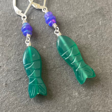 Load image into Gallery viewer, Carved Green Onyx and Opal Fish earrings