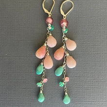Load image into Gallery viewer, Pink Opal, Murano Glass, Amethyst, Turquoise Cascade Cluster Earrings