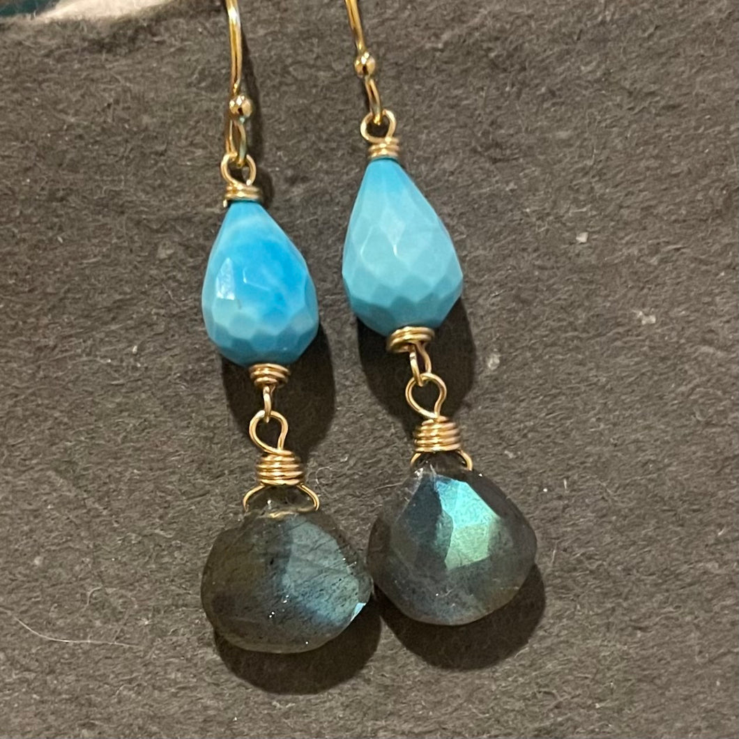 Blue Flash Labradorite and Turquoise Earrings