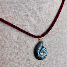 Load image into Gallery viewer, Labradorite and Cubic Zirconia carved Ammonite Necklace, Plummy Cord