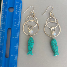 Load image into Gallery viewer, Carved Turquoise Fish and Opal Mobile Circle Earrings