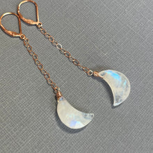 Load image into Gallery viewer, Moonstone Crescent Moon Dangles, 14k Rose Gold Filled, OOAK