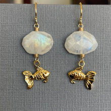 Load image into Gallery viewer, Goldfish and Rainbow Moonstone Earrings, OOAK