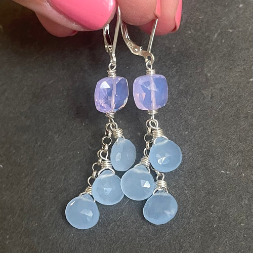 Pale Periwinkle Chalcedony and Lavender Quartz cushion Cut Cascade Earrings