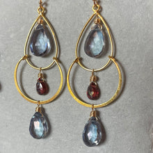 Load image into Gallery viewer, Mystic Blue Quartz and Garnet Gold Filled Double Hoops, OOAK