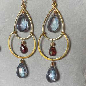 Mystic Blue Quartz and Garnet Gold Filled Double Hoops, OOAK