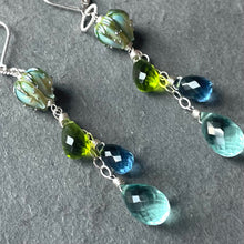 Load image into Gallery viewer, Flora European Lampwork And Quartz Dangle Earrings, Aqua, Smoke Blue and Greens, metal and earwire options