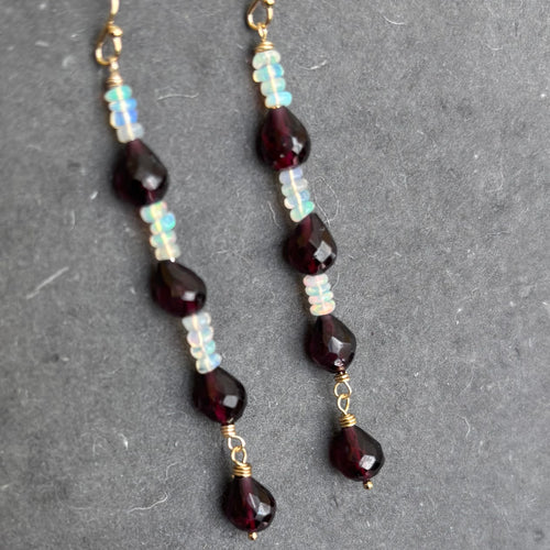 Rhodolite Garnet and Opal Earrings, Gold, OOAK