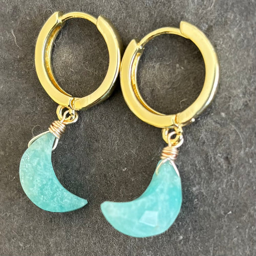 Amazonite Moon Huggie Earrings, OOAK