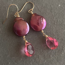 Load image into Gallery viewer, Bubblegum Pink and Plum Pearl Dangle Earrings