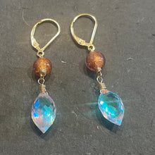 Load image into Gallery viewer, Murano Glass and Fire Rainbow Moonstone Dewdrop Dangles, metal choices